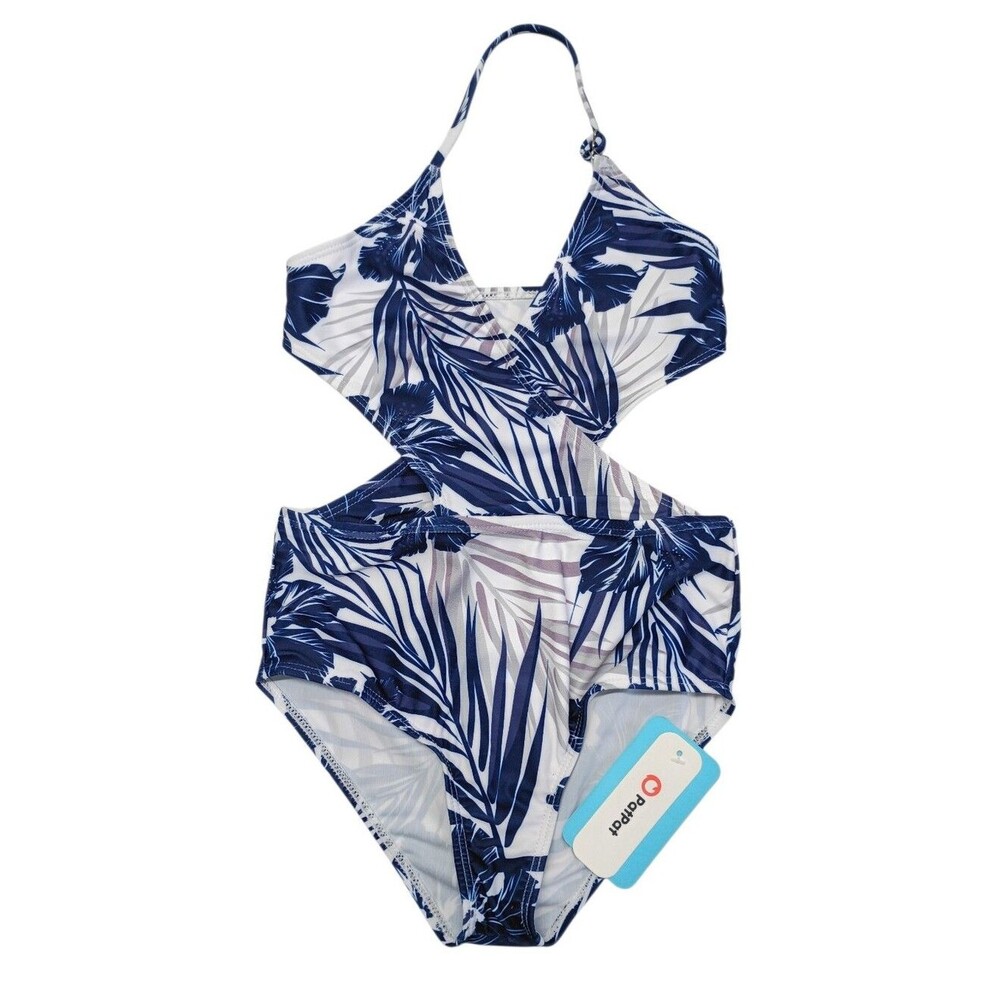 IFFEI Girls Tropical Swimwear Sz 6/7 One-piece Swimsuit Beach Blue White NWT